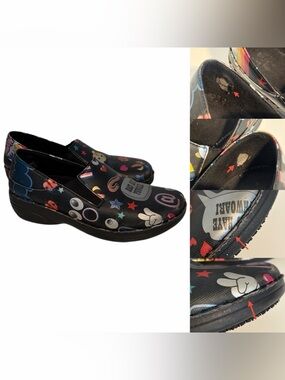 Spring Step Black Slip-On Nursing Medical Clogs Multicolor Emoji Print Women’s 7
